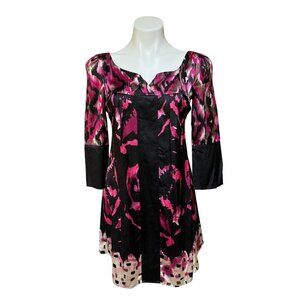 Vintage Y2K Silk Charmeuse Hot Pink Babydoll Dress Ikat Print Small